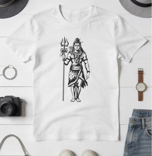 Lord Shiva Standing Trishul Line Art Unisex T-Shirt | White Cotton