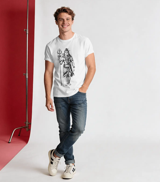 Lord Shiva Standing Trishul Line Art Unisex T-Shirt | White Cotton