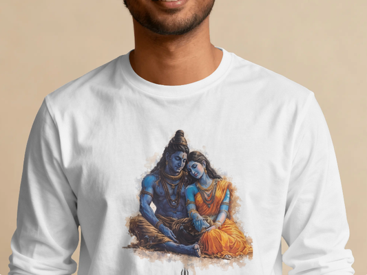 Shiva Parvati Divine Couple Full Sleeve T-Shirt | White Cotton